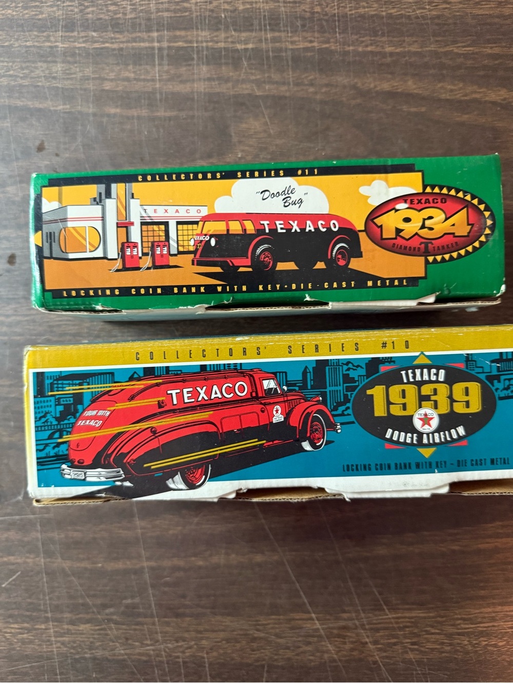 (2) Texaco Locking Coin Banks 1939 Dodge Airflow 1934 Diamond T tanker NIB